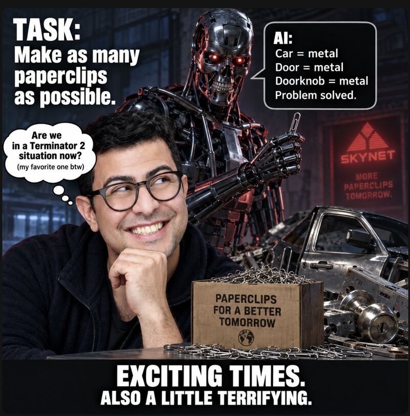 A humorous graphic showing Babak beside a Terminator-like robot turning cars and metal objects into paperclips.